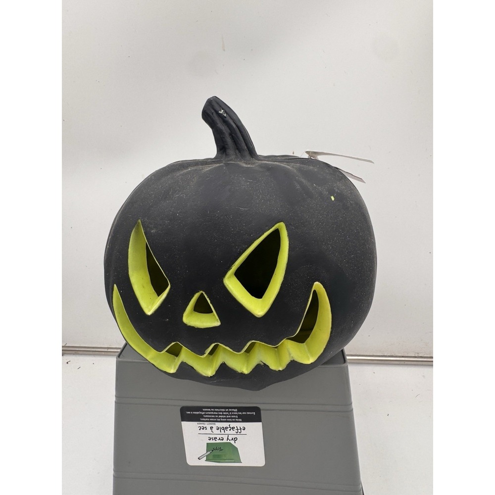 Black Foam Blow Mold Pumpkin Green Light Up Scary Face Jack O Lantern